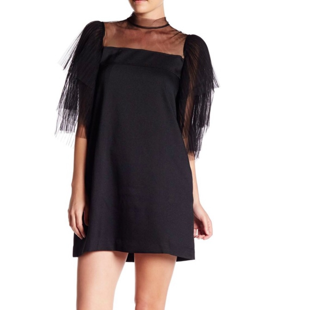 Black sheath dress with mesh sleeves and neck
